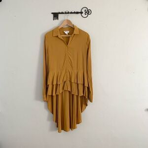 For the Republic mustard yellow button down high-low long sleeve longline blouse